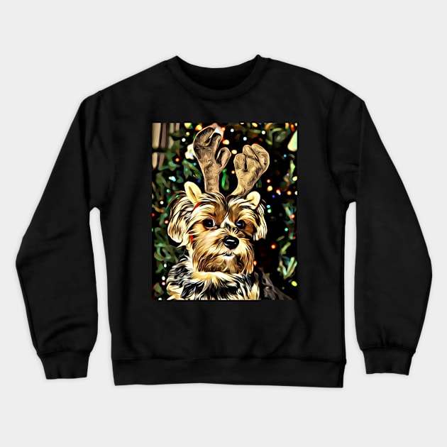 Christmas Yorkshire Terrier with Reindeer Antlers Crewneck Sweatshirt by AdrianaHolmesArt